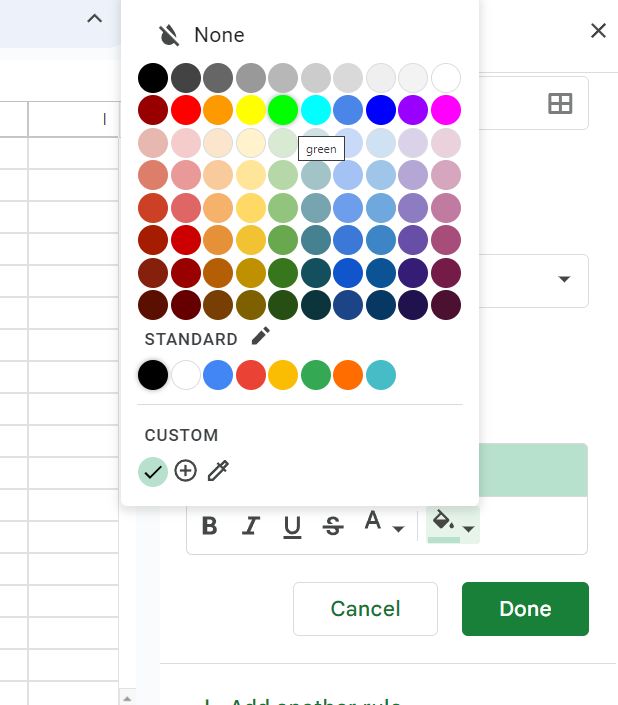 Paleta kolorów w ustawieniach formatowania w Google Sheets