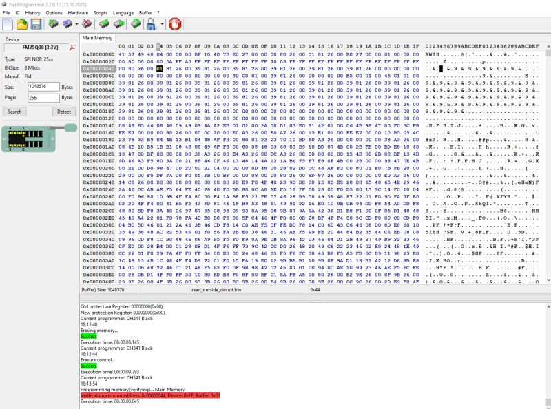 NeoProgrammer software window with hex view of FM25Q08 Flash memory and programming status messages, including a verification error.