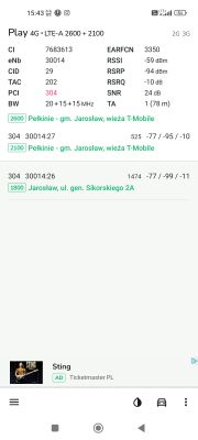 Zrzut ekranu aplikacji monitorującej parametry sieci LTE.