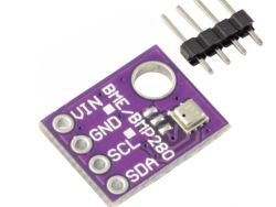 BME/BMP280 Sensor on PCB BME/BMP280 sensor module on a purple PCB with four labeled pins and a separate goldpin header.