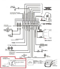 Schemat instalacji alarmu samochodowego z oznaczeniami przewodów i elementów