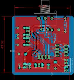 Projekt płytki PCB z komponentami elektronicznymi i ścieżkami.