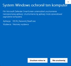 Komunikat ostrzegawczy Windows SmartScreen dla pliku DELTA_Password_Read1.exe