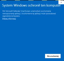 Okno ostrzeżenia Windows Defender SmartScreen z informacją o zablokowanej aplikacji