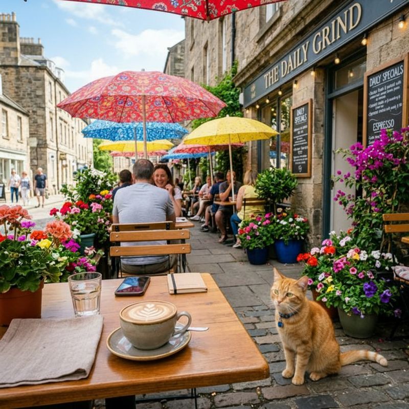 Outdoor café on a stone street with colorful umbrellas, people at tables, and a ginger cat beside a table.