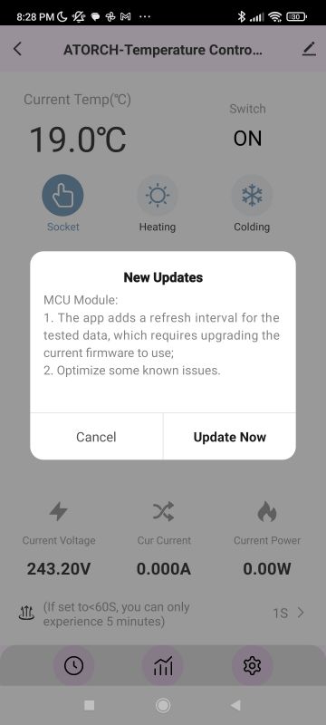 App Screen with Update Notification ATORCH application screen displaying temperature information and a firmware update notification.