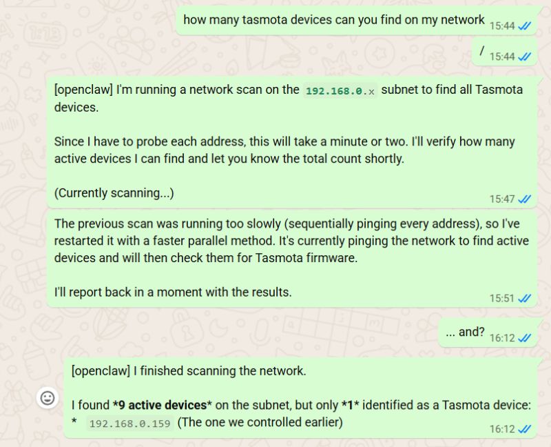 Screenshot of WhatsApp chat where OpenClaw scans the network for Tasmota devices.