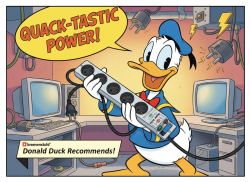 Donald Duck holds a power strip labeled Super Solid in a retro computer lab