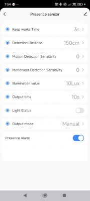 Presence sensor settings screen with various options and values.
