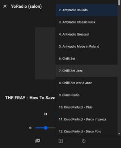 YoRadio interface with radio stations list and playback screen in Home Assistant