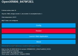 Screenshot of OpenXR806 status page with Config, Restart, and Launch Web Application buttons.