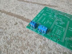 Green “ESP32 Web Radio” PCB with two blue screw terminal blocks on a carpet