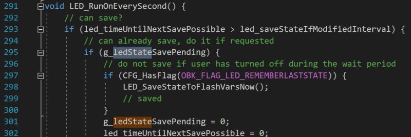 Screenshot of C++ code showing the LED_RunOnEverySecond function with save state conditions.