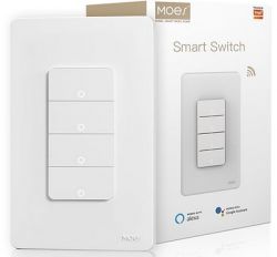 Moes Smart Switch Moes smart switch with three buttons and packaging.