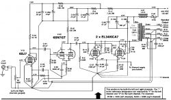 Schemat wzmacniacza lampowego z użyciem lamp EL34 i transformatora z napięciem 2x350V.