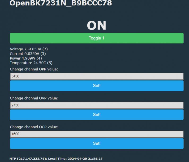 OpenBeken Control Panel with Measurement Data OpenBeken control panel with current measurements and setting change options.