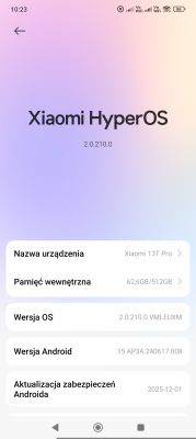 Ekran informacji o Xiaomi HyperOS 2.0.210.0 na Xiaomi 13T Pro z danymi wersji i pamięci