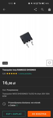 Zdjęcie tranzystora MOS DHD50N03 z trzema nóżkami.