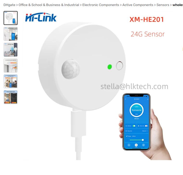 XM-HE201 sensor with USB-C connection and mobile app shown on phone
