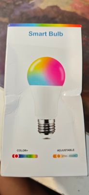 “Smart Bulb” box with a colorful bulb graphic and labels for RGB and 2700–6500K adjustable white.