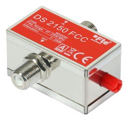 Metalowy element Fte DS 2150 FCC z czerwonym napisem, złączami F IN/OUT i czerwonym pokrętłem