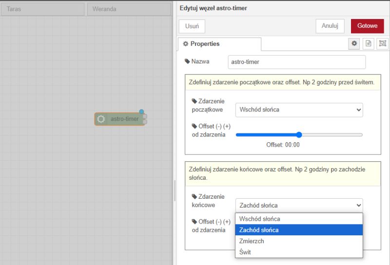 Astro-timer Node Configuration in Node-RED Screenshot showing the configuration of the astro-timer node in the Node-RED interface with an event selection menu visible.