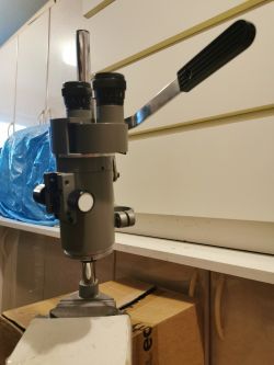 Stereoskopowy mikroskop laboratoryjny z dwoma okularami, zamocowany na metalowej podstawie z dźwignią.