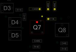 Schemat płyty PCB z zaznaczonym tranzystorem Q7.