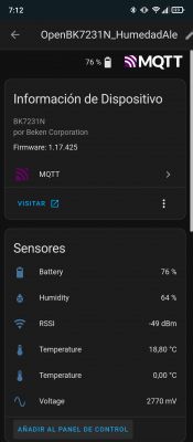 View of the OpenBK7231N app screen displaying device information and sensor data.
