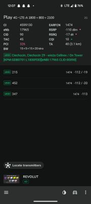 Zrzut ekranu z aplikacji pokazującej parametry sieci LTE-A, w tym dane o sygnale i lokalizacji nadajnika.