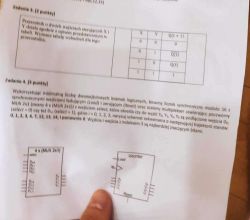 Zdjęcie przedstawia kartkę z zadaniami z Techniki Cyfrowej, zawierającą treść ćwiczenia z tabelą wzbudzeń i schematem dla licznika binarnego.