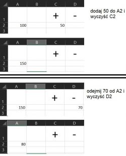 Zrzut ekranu przedstawiający arkusz Excel z przykładowymi danymi do dodawania i odejmowania w komórkach.