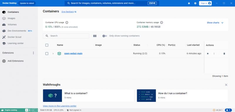 Docker Desktop Panel with Running Container Screenshot of Docker Desktop panel with running container open-webui-main.
