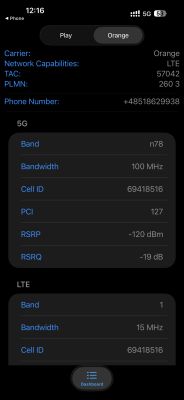 Zrzut ekranu iPhone z danymi sieci Orange 5G/LTE: pasmo n78 100 MHz, RSRP −120 dBm, RSRQ −19 dB