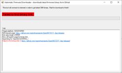 Screenshot of Automatic Firmware Downloader showing error “Failed to find binary link!”