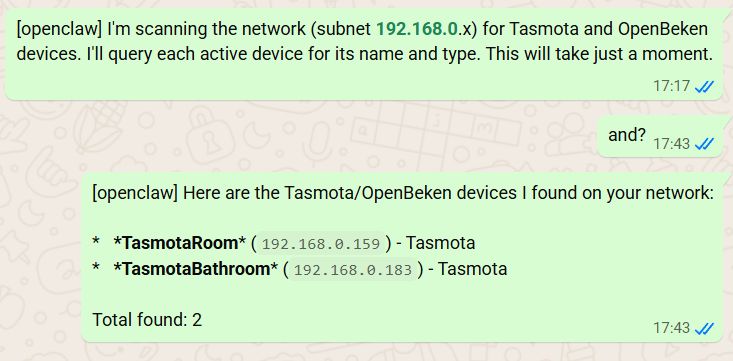 Chat window showing OpenClaw's network scan results for Tasmota devices