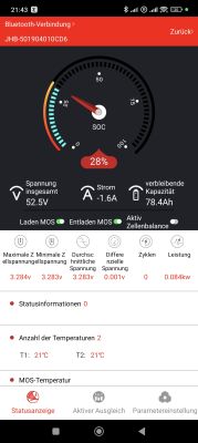 Zrzut ekranu z aplikacji do monitorowania baterii LiFePO4 48V z BMS Daly, pokazujący parametry pracy ogniw i baterii.
