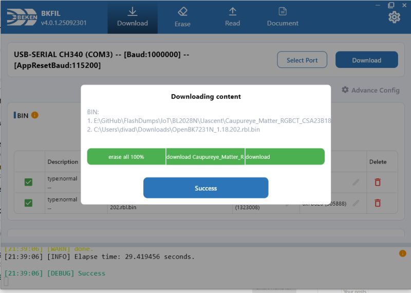 BKFIL software window showing completed binary file download message
