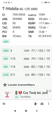 Zrzut ekranu z aplikacji pokazujący parametry sieci LTE 1800 MHz T-Mobile