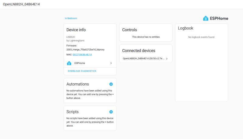 ESPHome dashboard screenshot showing LN882H device info with Controls, Connected devices, and Logbook panels