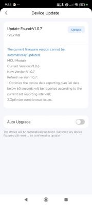 App screen showing information about available MCU update to version 1.0.7