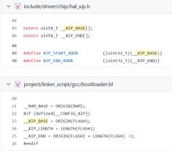 Fragments of two code files showing the definitions and assignments of XIP addresses in C and linker script.