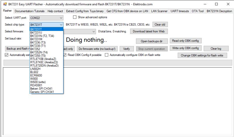 BK7231 Easy UART Flasher interface with expanded chip type selector
