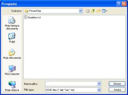 Okno dialogowe otwierania pliku w systemie Windows XP z wybraną lokalizacją „PowerStrip”.