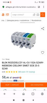 Blok rozdzielczy z pięcioma zaciskami w kolorach szarym, niebieskim i zielonym, model SIMET SCB 25-5.