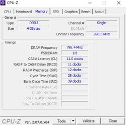 Zrzut ekranu przedstawiający zakładkę Memory w programie CPU-Z.