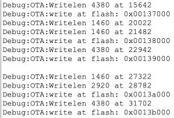 Screenshot of the OTA update process with debug messages.