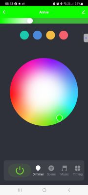 Tuya app screen with color and brightness selection.