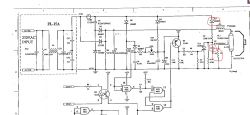 Schemat elektroniczny stroboskopu SUPERSTROBE 2700 z zaznaczonymi na czerwono elementami do wymiany.