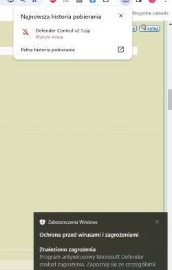 Powiadomienie o wykryciu wirusa przez Microsoft Defender podczas pobierania pliku ZIP.